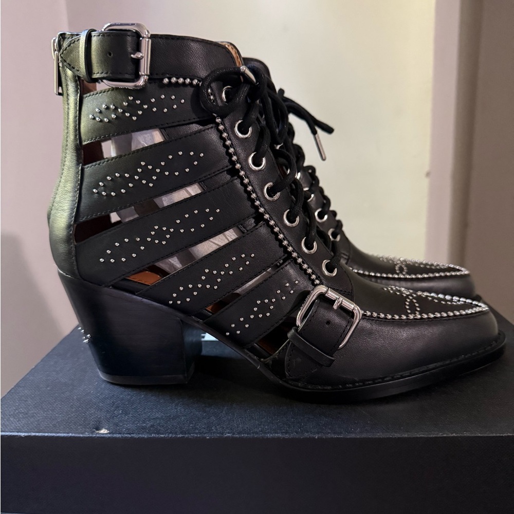 Coach Black Studded Cutout Lace-Up Heeled Ankle Boots New in Box